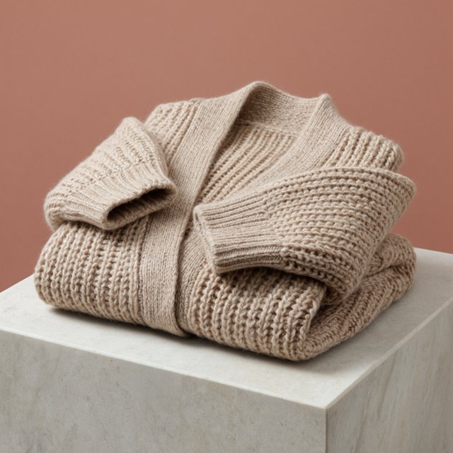A folded unbranded merino cardigan rests on a honed limestone plinth, its chunky ribbed wool surface softly catching broad overhead diffusion and warm side bounce against a muted clay backdrop, with no tags, lettering, or graphics. — Krea 2 Large