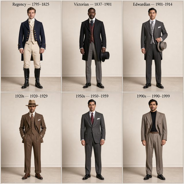 A realistic image only, showing nice outfits worn by adult men from at least 4–6 different eras. Mention the time range for each era. — FLUX 3 Image