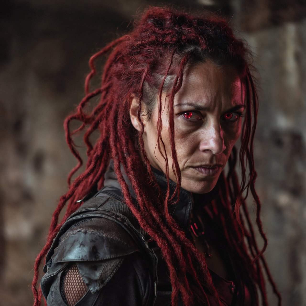 Fishnet grimdark fantasy. A suitable-for-TV-PG adult underworld agent with long crimson-red dreadlocked hair with flowing locks, ruby-red crystalline eyes, real skin pores, photographic rendering, and real material textures. No text. — ImagineArt 2