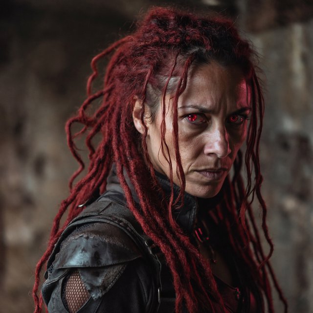 Fishnet grimdark fantasy. A suitable-for-TV-PG adult underworld agent with long crimson-red dreadlocked hair with flowing locks, ruby-red crystalline eyes, real skin pores, photographic rendering, and real material textures. No text. — ImagineArt 2