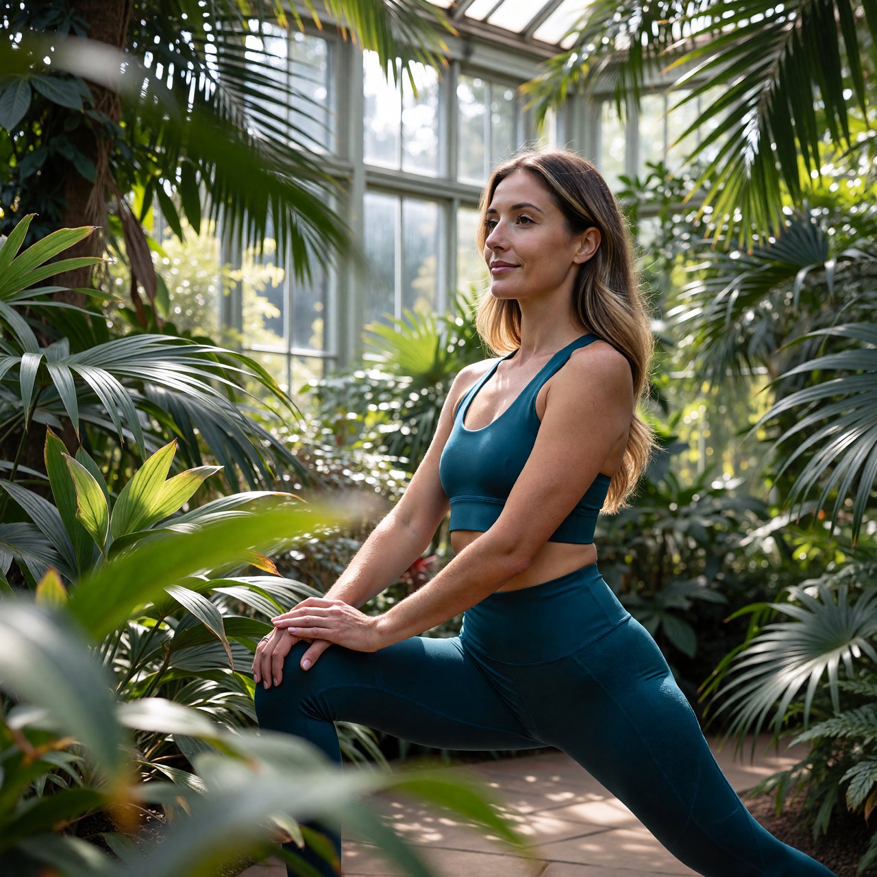 Editorial glamour photograph of an adult woman in a deep teal fitness set, enjoying a calm stretch amid a sunlit botanical conservatory, flattering window light filtering through tropical leaves, relaxed expression, polished fashion-magazine elegance. — ImagineArt 1.5 Pro