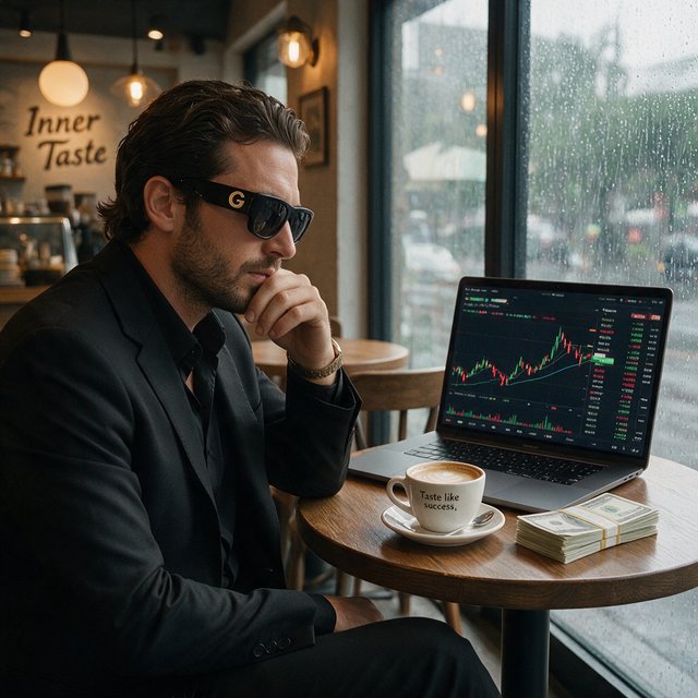 Realistic, a man wearing a black suit and cool shades with the word “G” on them, sitting near a table in a friendly coffee shop with the words “Inner Taste” displayed in the shop, coffee on the table, a coffee cup with the words “Taste like success,” a stack of money on the table, a high-end laptop displaying a successful trade, and rain pouring outside. The vibe is calm and chill. — Seedream 5.0 Pro
