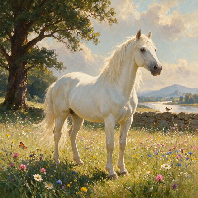 a regal white horse with a flowing mane, standing in a sun-dappled meadow filled with vibrant wildflowers. Gentle light illuminates the scene, highlighting the horse's powerful physique and the delicate details of the flowers. The style is reminiscent of Romantic era landscape paintings with a soft, impressionistic touch. — Seedream 5.0 Pro
