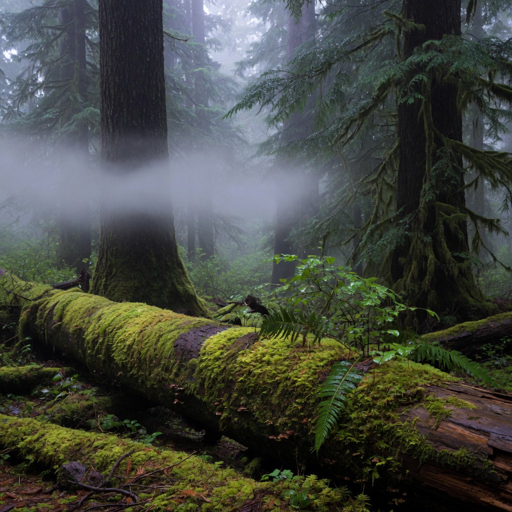 Old-growth temperate rainforest after rain, moss-covered fallen log, fog between the trunks, soft diffused light. — Grok Imagine Image Quality