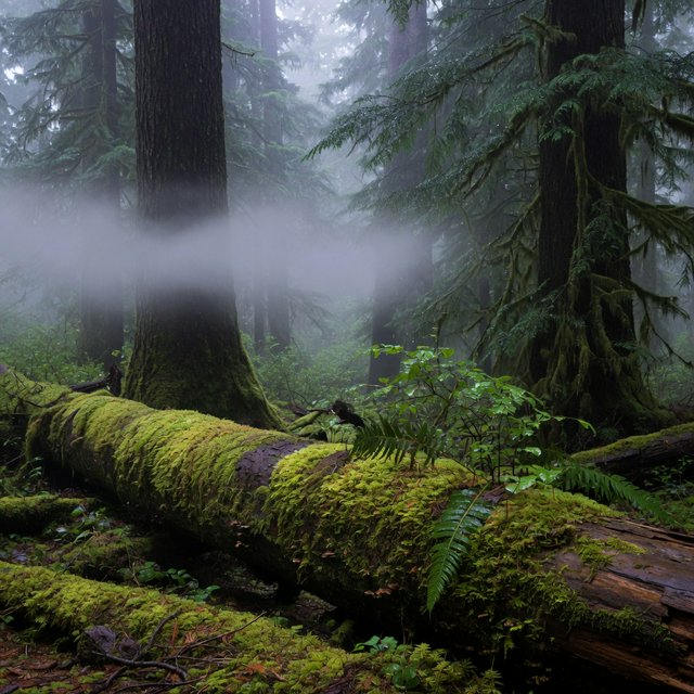 Old-growth temperate rainforest after rain, moss-covered fallen log, fog between the trunks, soft diffused light. — Grok Imagine Image Quality