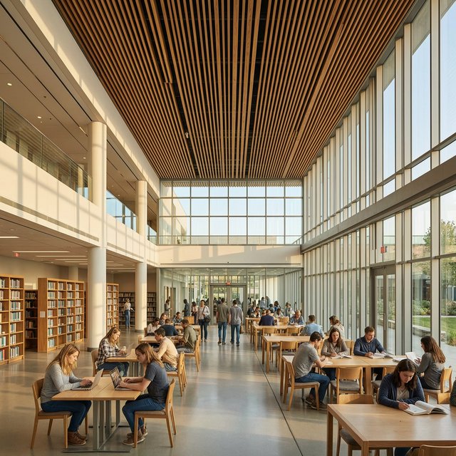 Interior of a modern public library with a three-storey atrium, timber ceiling slats, people reading, afternoon light through a glass wall. — Wan 2.7