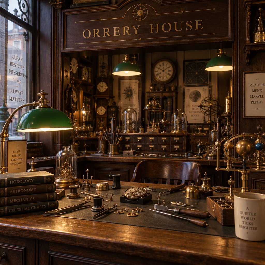 Inside a quiet clockmaker’s workshop, brass gears and tiny tools gleam beneath green-shaded lamps; "ORRERY HOUSE" is engraved in crisp serif letters on a dark walnut sign above the repair counter. — GPT Image 2.5 Sunburst