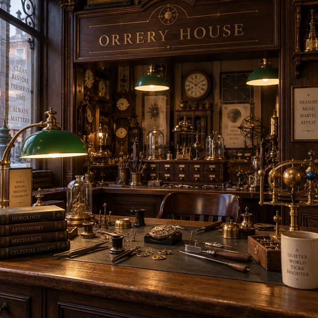 Inside a quiet clockmaker’s workshop, brass gears and tiny tools gleam beneath green-shaded lamps; "ORRERY HOUSE" is engraved in crisp serif letters on a dark walnut sign above the repair counter. — GPT Image 2.5 Sunburst