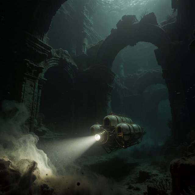 A brass-and-ceramic deep-sea crawler with arched pressure tanks trundles across the floor of a sunken obsidian caldera. Its searchlight cuts through green silt, revealing ruined stone arches far below the surface. — Krea 2 Medium