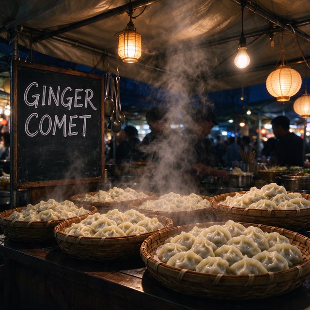 Steam curls above baskets of dumplings at a lively night-market stall, lantern light warming its canvas canopy; "GINGER COMET" is chalked in bold white letters on a blackboard beside the serving counter. — Seedream 5.0 Flash