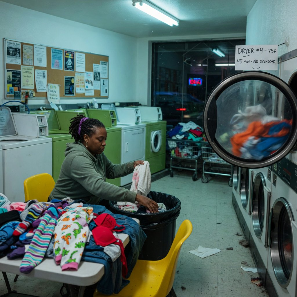 Candid documentary photograph of an adult sorting laundry in a neighborhood laundromat, cool fluorescent light, 35mm lens with moderate depth of field, lint specks floating near a tumbling dryer door. — Grok Imagine Image Quality