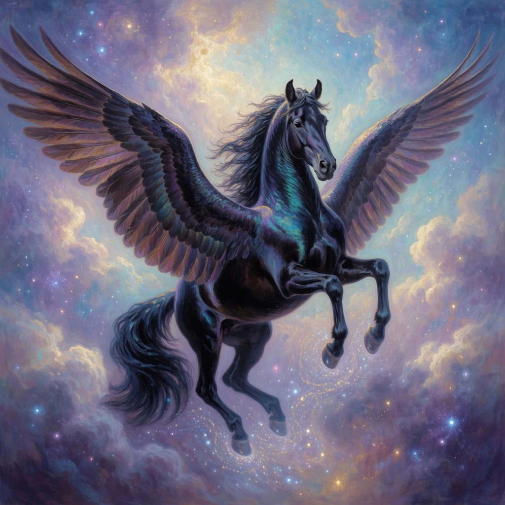 A majestic winged horse, with iridescent feathers and a coat like polished obsidian, is soaring through a celestial realm filled with nebulae and shimmering stardust. Around its hooves, tiny galaxies spiral outwards. The style is reminiscent of intricate fantasy illustration, with glowing, ethereal colors and a sense of deep cosmic wonder — Krea 2 Medium
