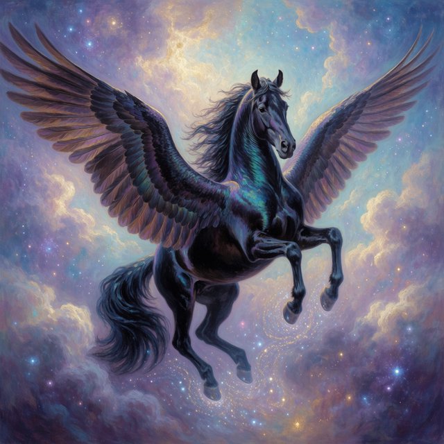 A majestic winged horse, with iridescent feathers and a coat like polished obsidian, is soaring through a celestial realm filled with nebulae and shimmering stardust. Around its hooves, tiny galaxies spiral outwards. The style is reminiscent of intricate fantasy illustration, with glowing, ethereal colors and a sense of deep cosmic wonder — Krea 2 Medium