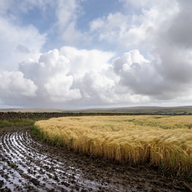 Golden barley fields ripple beneath a vast sky as a cool morning breeze follows overnight showers; muddy tractor furrows glisten in the foreground, guiding the eye past a weathered stone boundary toward low hills under broken clouds. — Model 11