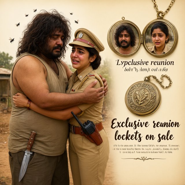 A reunion of long-lost brother and sister, as depicted in Bangladeshi films. The brother is now a thug, he is overweight, with badly cut, long, curly hair. He wears a sleeveless T-shirt. A large knife peeks out of his trousers. His arms open wide to hug his sister. He stinks. So a few flies hover around his head. His sister, typically the film heroine, and therefore very attractive. But she's a cop wearing a cap and body-fitting khaki police dress. A gun in her holster, a baton by her belt, plus a walkie talkie in her one hand. Her arms are also open wide to hug the brother. Both are tearful. They must be placed on one side of the image. On the other side of the image, we place some products from the film that we want to sell: A circular locket that is open like a book, with childhood pictures of the brother and the sister on two sides. Below this open locket, we show a closed locket. Add text: Exclusive reunion lockets on sale. — Model 17