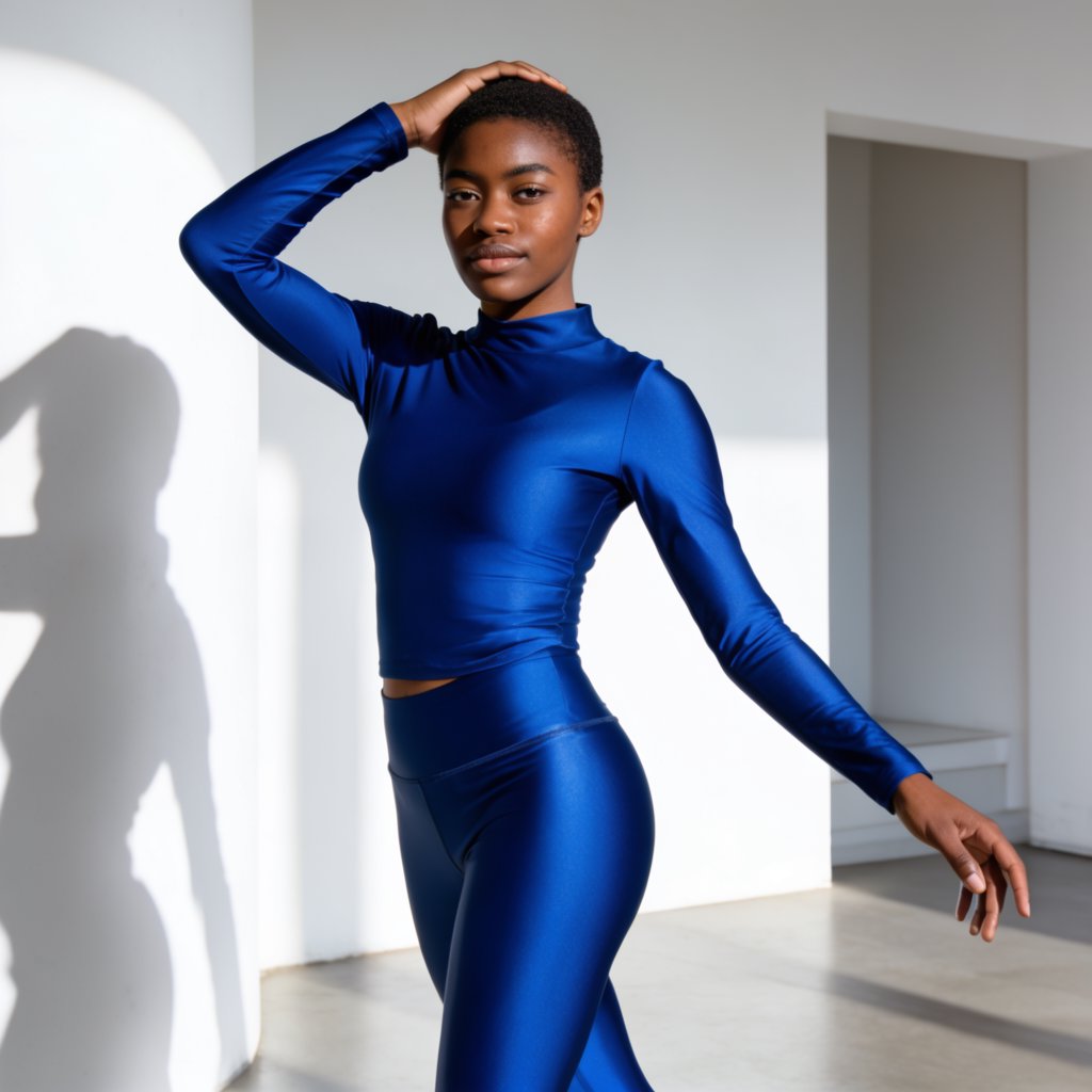 Editorial glamour photograph of one adult woman in a cobalt-blue tailored fitness set, stretching naturally in a sunlit studio, flattering golden light, sculptural architecture, calm confident expression, polished magazine composition. — Krea 2 Large