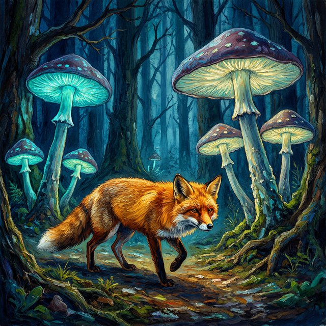 A solitary fox with fur like molten moonlight walks through an ethereal forest. Towering, bioluminescent fungi illuminate the path, casting an otherworldly glow. The style is reminiscent of early 20th-century magical realism, with bold, gestural brushstrokes akin to abstract expressionism, and a watercolor-like diffusion of light. — Model 18