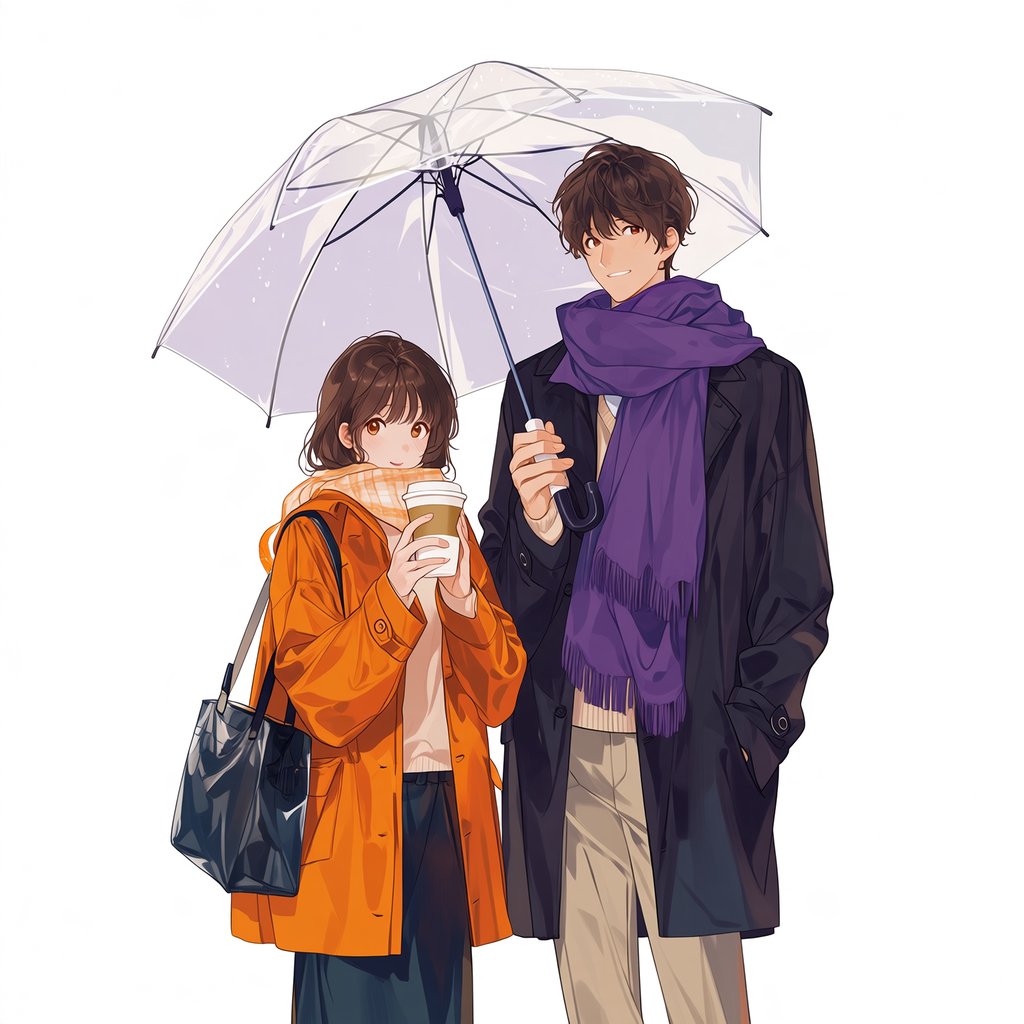 A man with a purple scarf holding a transparent umbrella, standing to the right of a woman in an orange raincoat who holds a paper cup, both facing the camera. — Midjourney Niji 7