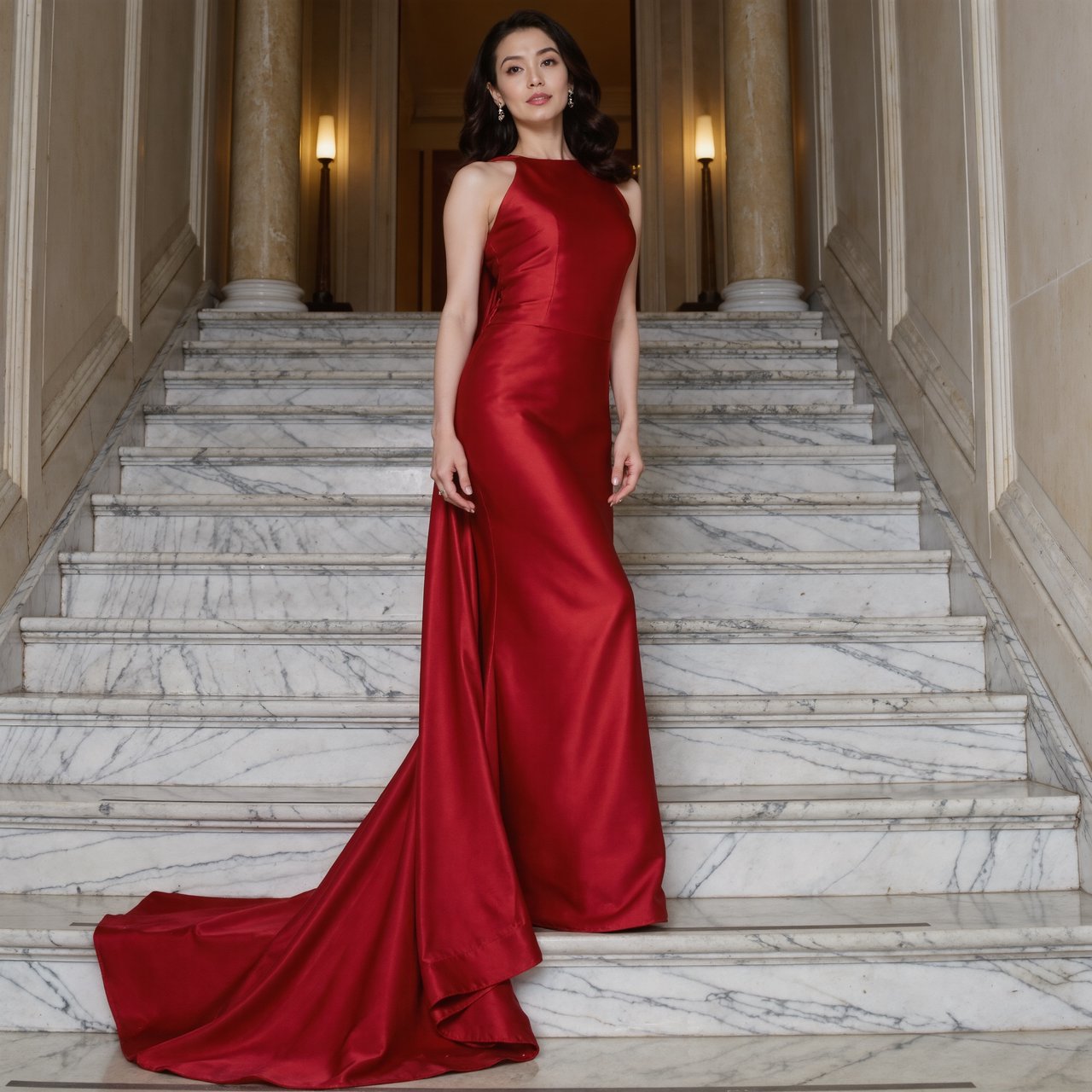 An adult woman in a floor-length red satin evening gown on a marble staircase, soft key light, confident pose, magazine cover style. — Kling v3 Omni