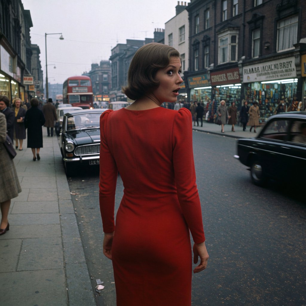 A glamorous woman walking down a busy UK high street in 1977. There are cars, buses and shops full of merchandise. Something surprising catches her eye. — Krea 2 Medium