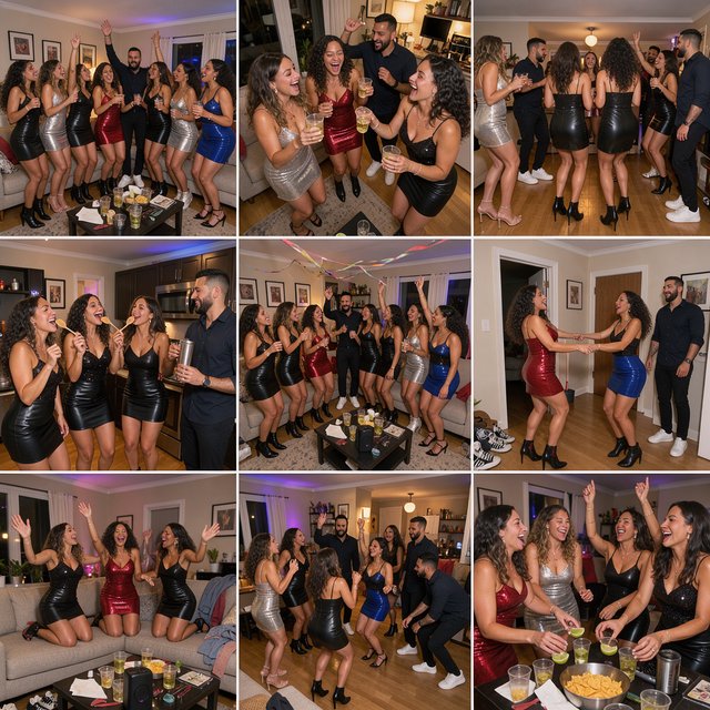 Realistic house party. Mostly adult women wearing clubwear. For every adult man, there are at least three adult women. Many angles. Vibe: very lively and fun. — FLUX 3 Image
