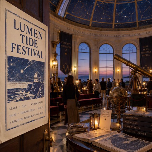 At a restored seaside observatory, a twilight meteor-watching event fills the domed hall with brass instruments, star charts, and velvet benches; "LUMEN TIDE FESTIVAL" is hand-printed in deep blue ink across a cream paper announcement beside the entrance. — GPT Image 2.5 Sunburst