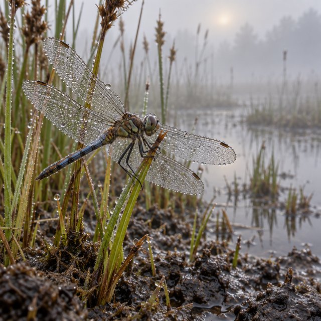 On a peaty marsh edge, a dragonfly rests among sedges after a light morning shower; dew beads on its veined wings and granular mud, while reed stems soften into pale fog behind it. — GPT Image 2.5 Sunburst