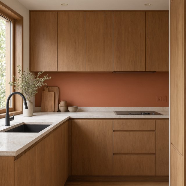 Along a galley kitchen, flat-front walnut cabinets meet pale limestone counters and a matte terracotta backsplash in restrained Scandinavian modern style; soft north-window daylight reveals the worktop from the doorway, with clean aligned lines and believable supports. — Model 18