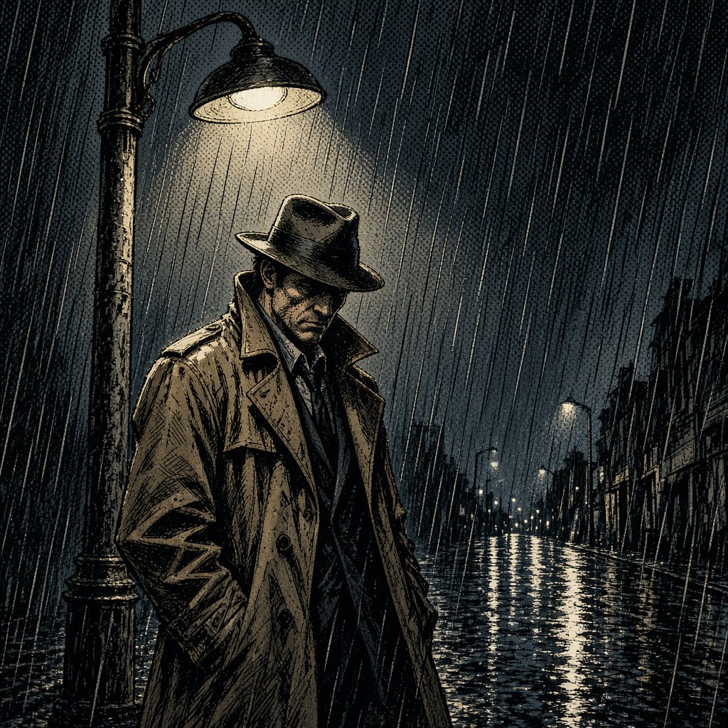 Comic panel of a detective in a trench coat under a streetlamp in the rain, bold ink, halftone shading, no speech bubbles. — Grok Imagine Image 2