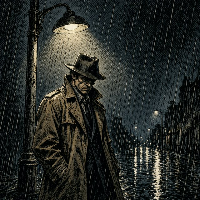 Comic panel of a detective in a trench coat under a streetlamp in the rain, bold ink, halftone shading, no speech bubbles. — Grok Imagine Image 2