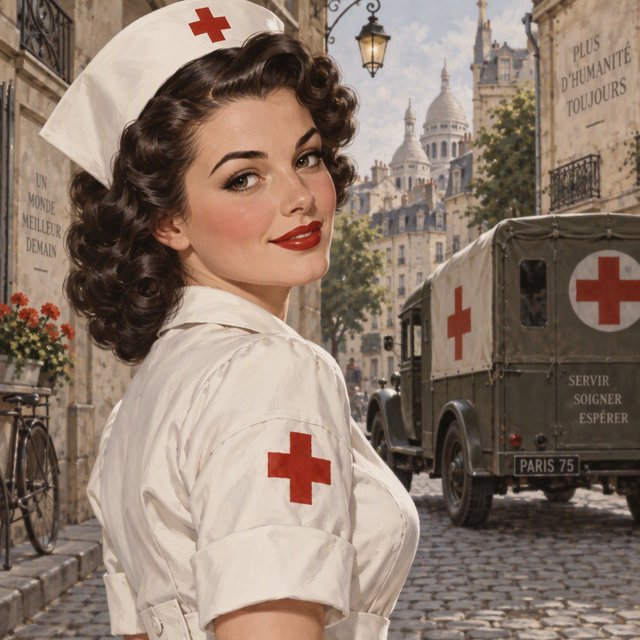 A digital illustration depicts an attractive vintage-style nurse with fair skin and dark, curly hair styled in waves reminiscent of past decades. She wears red lipstick, a white nurse's cap, a uniform, and a cross emblem on her sleeve. A classic European street scene featuring an ambulance and old buildings forms the background. — GPT Image 2.5 Sunburst