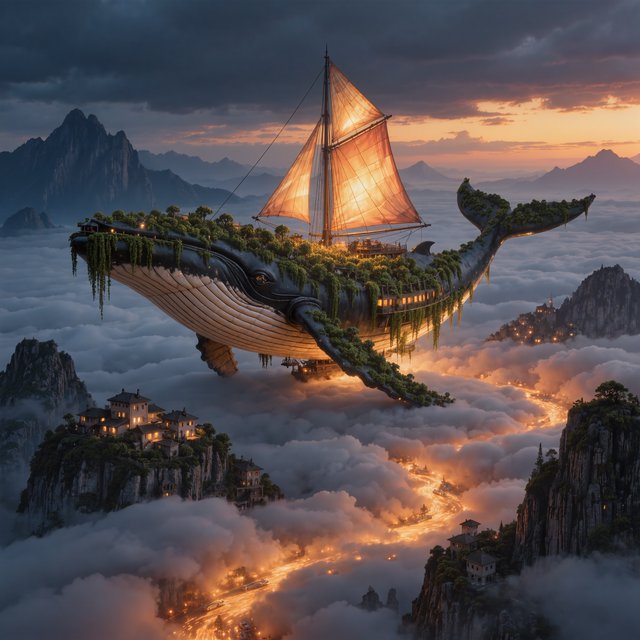 A vast, whale-shaped sky barge sails between mountain spires, its copper ribs supporting gardens and glowing sailcloth. Below, cloud rivers curl around tiny cliff villages as sunset pours through storm breaks, outlining the vessel in molten gold. — Kling v3 Omni