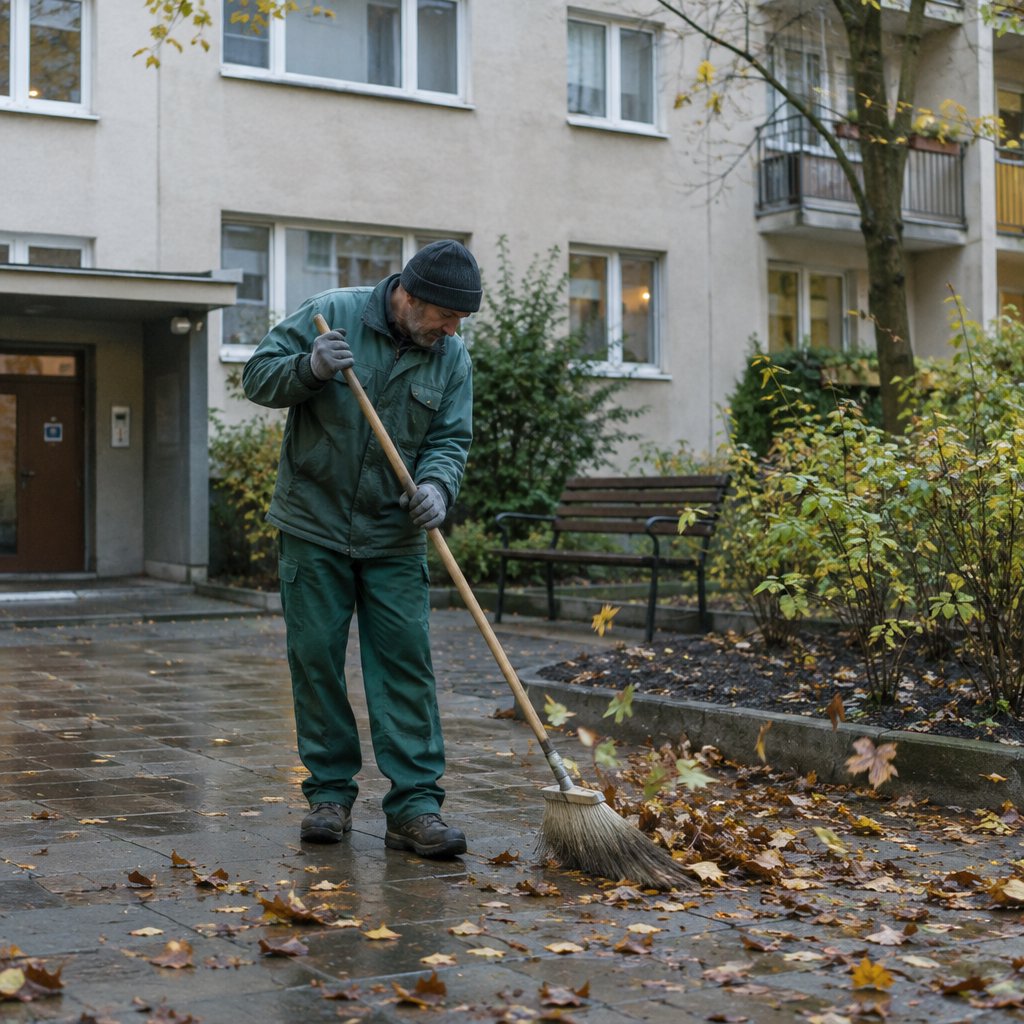 Candid documentary photograph of an adult groundskeeper sweeping damp leaves from an apartment courtyard, pale overcast morning light, 35mm lens with moderate depth of field, a few leaves caught midair in motion blur. — GPT Image 2.5 Flare