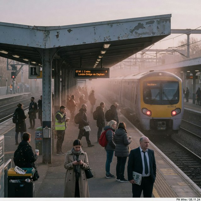 Across a broad station platform, adult commuters wait in loose clusters as a train approaches through pale dawn haze. A real-world press photograph uses a 135mm lens and deep focus; fine brake dust hangs in the sunlit air. — Grok Imagine Image Quality