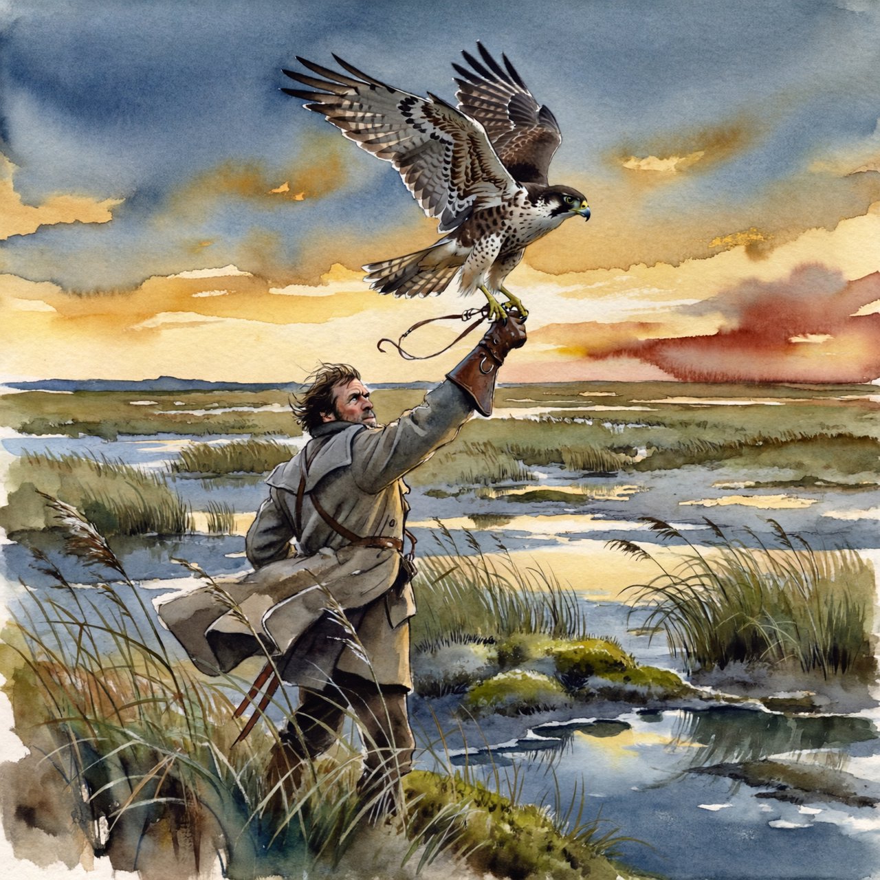 Ink-and-gouache illustration of an adult falconer releasing a hawk above a salt marsh, reeds bending in the wind and tidal pools catching sunset. Palette of rust, moss green, pale gold, and slate blue, with lively brushwork. — ImagineArt 2