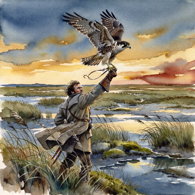Ink-and-gouache illustration of an adult falconer releasing a hawk above a salt marsh, reeds bending in the wind and tidal pools catching sunset. Palette of rust, moss green, pale gold, and slate blue, with lively brushwork. — ImagineArt 2