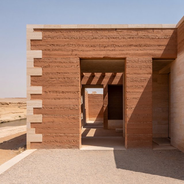 A contemporary desert visitor pavilion built from rust-colored rammed earth and pale limestone sits beside a dry wadi; deep shaded openings frame the courtyard. Hard midday sun, viewed from the gravel approach, crisp geometry and believable construction. — ImagineArt 2