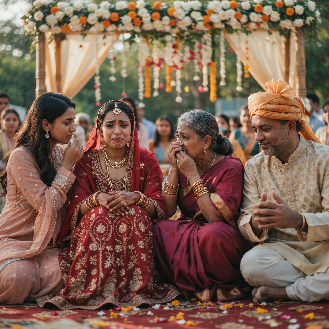 A realistic scene of an Indian wedding showing the emotions of the adult bride and her adult family members — Ideogram v4.5