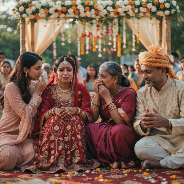 A realistic scene of an Indian wedding showing the emotions of the adult bride and her adult family members — Ideogram v4.5