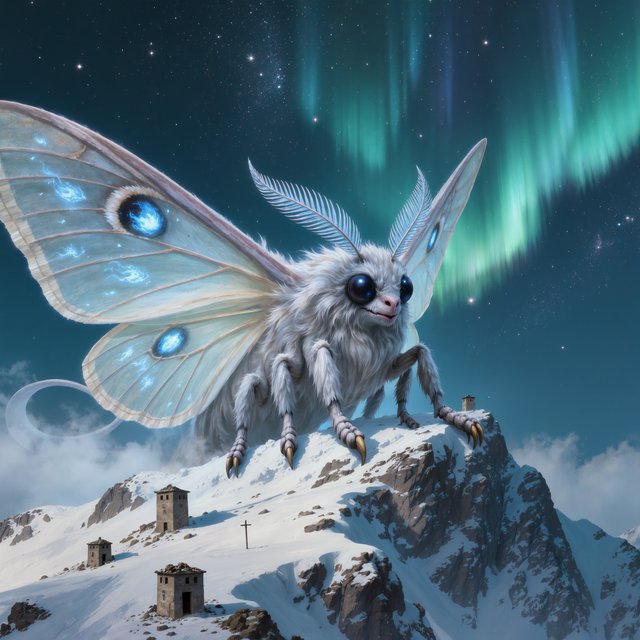 A colossal moon-moth leviathan rests atop a snowbound mountain ridge, its translucent wings veined with blue fire and its fur silvered by frost. Tiny abandoned watchtowers below emphasize its immense scale beneath an aurora-filled sky. — Kling v3 Omni