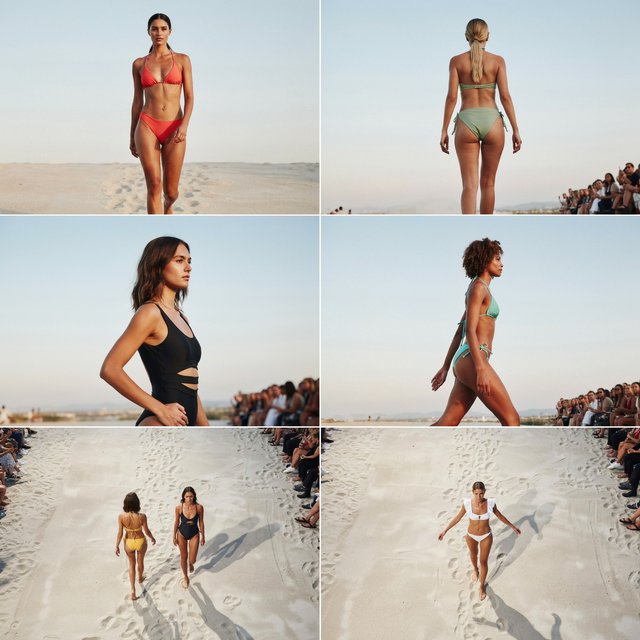 Realistic adult female models on the runway in beachwear. 4–7 models. Full front, back, side, and aerial views. — Model 3