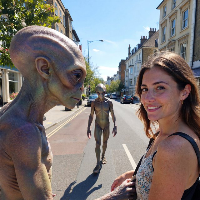 Alien monster walking down the street, greeting a beautiful woman walking toward him down the street on a lovely sunny day! — ImagineArt 1.5 Pro