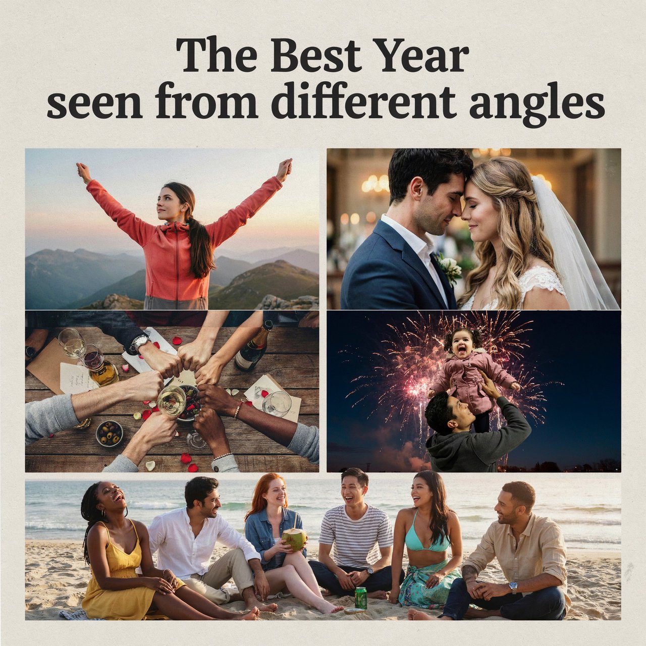 A realistic image where the theme is all about people having the best year ever. 4–6 moments seen from different angles. At the top it says, "The Best Year seen from different angles". — Ideogram v4.5