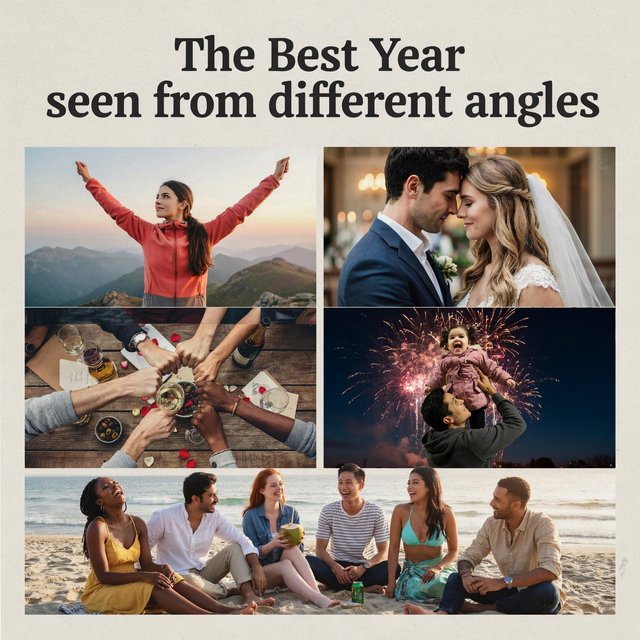 A realistic image where the theme is all about people having the best year ever. 4–6 moments seen from different angles. At the top it says, "The Best Year seen from different angles". — Ideogram v4.5