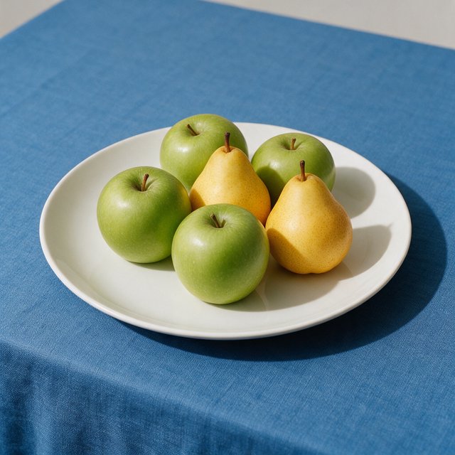 Exactly three green apples and two yellow pears on a white plate, the plate on a blue tablecloth, nothing else on the table. — Seedream 5.0 Pro