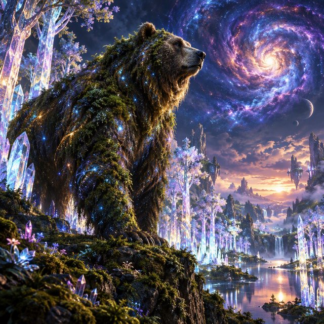 A colossal ancient bear, its fur woven with moss and starlight, stands at the edge of a shimmering, otherworldly forest. The trees are made of crystal and emit a soft, ethereal glow. In the distance, a nebula swirls in the twilight sky. The scene is rendered in a fantasy art style, with surrealist elements and cinematic lighting that emphasizes the majestic scale of nature. — GPT Image 2.5 Flare