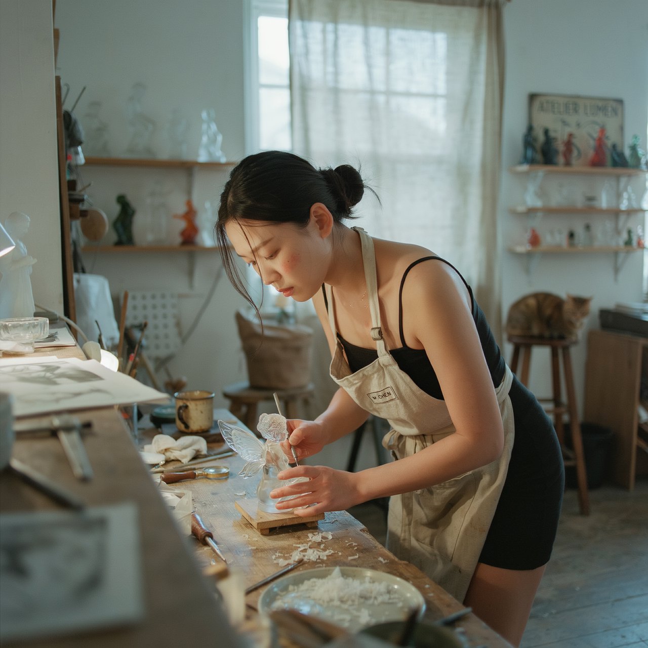 A pulchritudinous, gorgeous, exotic East Asian beauty, aged 24, inside an atelier, wearing a loose workshop apron, a tube top, and hot pants. Sweating profusely, she remains concentrated. She has a focused posture and expression as she looks at the crystalline object in the foreground that she is sculpting into a small, detailed fairy with high precision and clarity. Three-quarter-body mid-shot, Dutch angle. — Ideogram v4