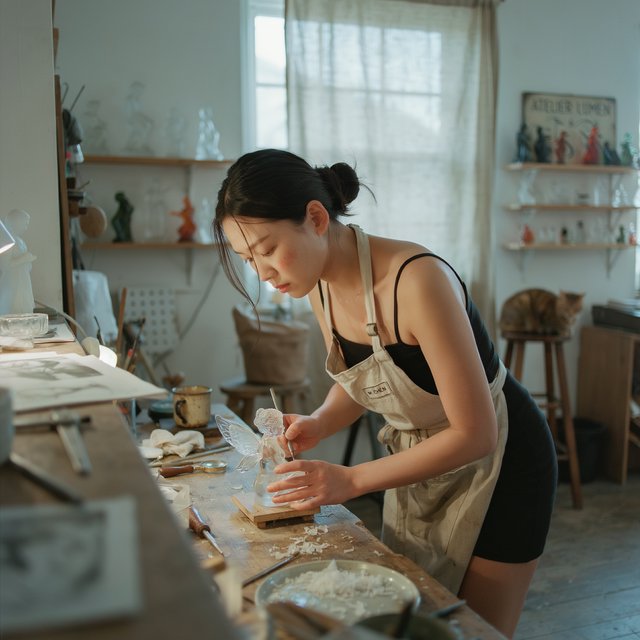 A pulchritudinous, gorgeous, exotic East Asian beauty, aged 24, inside an atelier, wearing a loose workshop apron, a tube top, and hot pants. Sweating profusely, she remains concentrated. She has a focused posture and expression as she looks at the crystalline object in the foreground that she is sculpting into a small, detailed fairy with high precision and clarity. Three-quarter-body mid-shot, Dutch angle. — Model 4