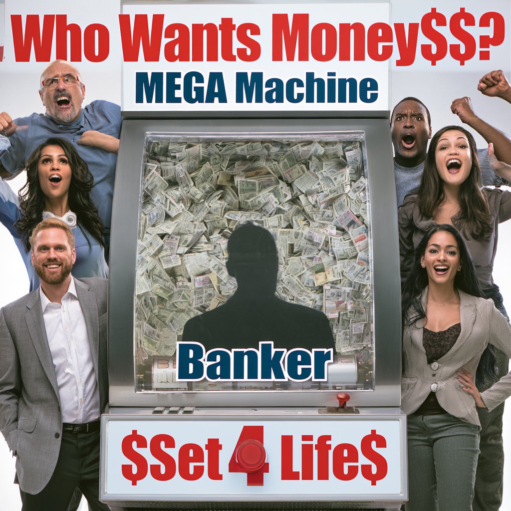 People on the set of a super mega game show called "Who Wants Money$$$?". There are at least six adults (three men and three women), all of different races, looking really excited. There is a big machine with a lot of cash inside. At the top of the machine it says "Who Wants Money$$$? MEGA Machine". In the middle of the machine it says "Banker", with the shadow of a man near the name. At the bottom of the machine it says "$Set 4 Life$", with a red button in the middle of the words. Near the machine are game hosts on both sides of it: a handsome man and a pretty woman. — Midjourney V8.2