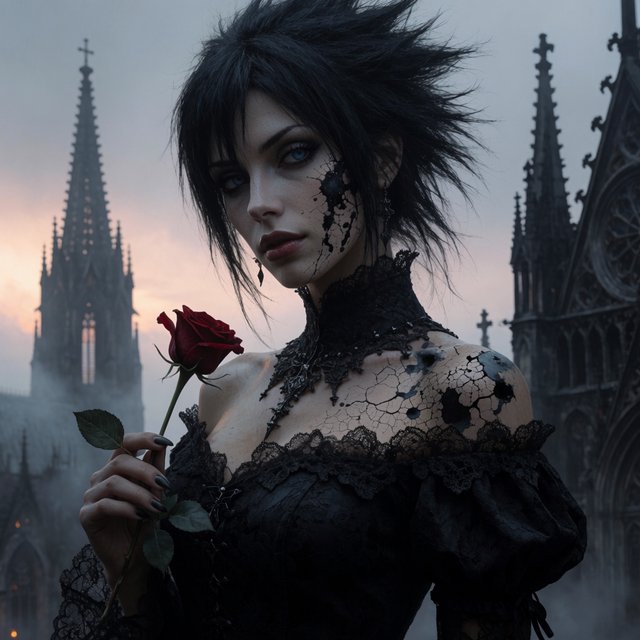 Atmospheric lighting creates soft background gradients through value blending, and surreal dark textures produce cracked surfaces and splatter via organic mark making. The fusion manifests as lace edges, dramatic chiaroscuro, and sharp focal contrast, transforming any subject through meticulous gothic surface modeling. A gothic woman depicted in 2026, with spiky black hair, blue eyes, and pale skin, wearing a black off-shoulder lace dress with a high ornate collar and puffed sleeves, holding a red rose. Close-up at eye level, the woman facing forward with her head slightly tilted, gazing directly at the viewer, holding a red rose in her right hand near her shoulder. Scene set before a gothic cathedral during overcast twilight, with misty atmosphere, featuring tall church spires in the background. — Krea 2 Medium